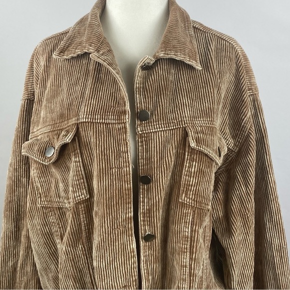 POL Brown Corduroy Distressed Jean Jacket Size M Raw Hem Oversized - Picture 2 of 12